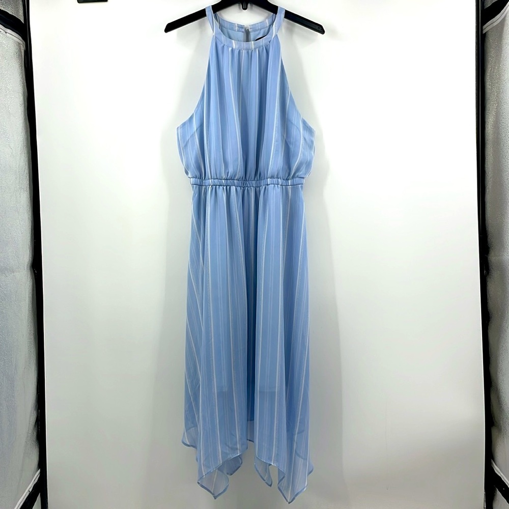BCBG Paris Blue & White Striped Chiffon Halter Dress Size Large